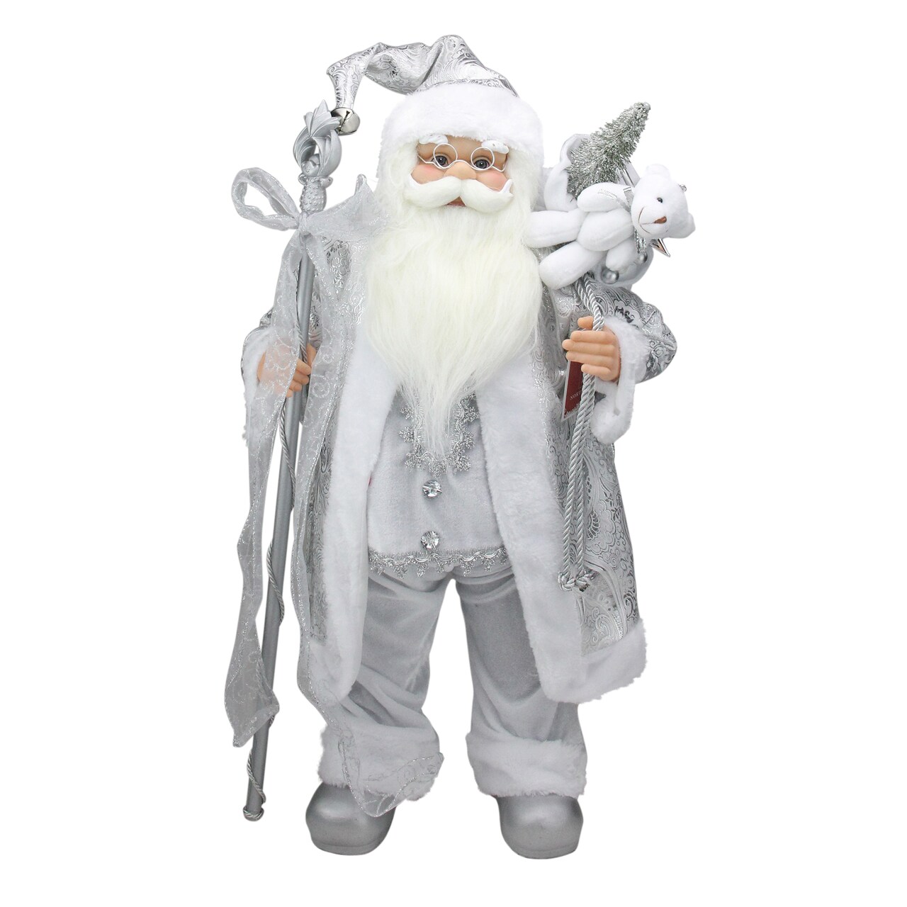 Northlight 24" Silver and White Santa Claus with Staff and Gift Bag Christmas Figure